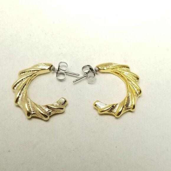 Vintage Gold Tone Small Huggie Hoop Stud Earrings, Unique Spiral Design, Estate - Picture 6 of 6